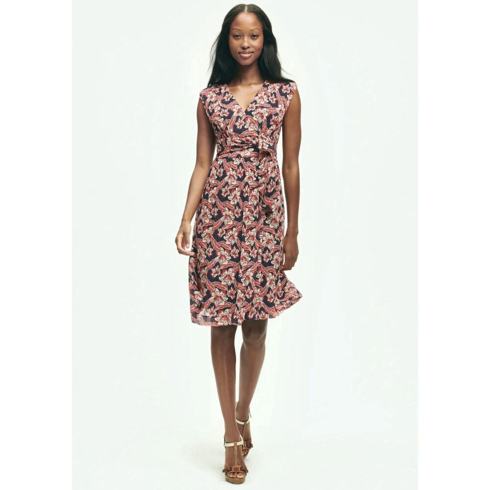 Brooks Brothers Floral Chiffon Faux Wrap Dress Navy Blue Red Size 6 NWT